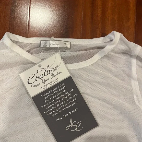 NFL Couture Sheer White Long Sleeve Top Mesh Ruche Athletic Festival New Size XS - Picture 2 of 7